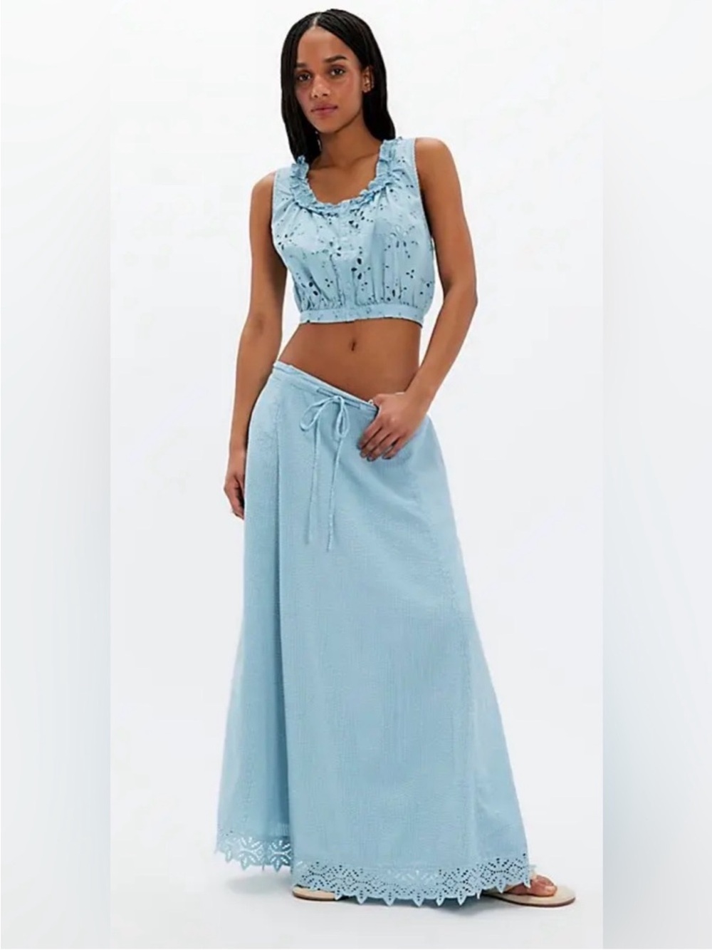 Free People 2 Piece Light Blue Maxi Skirt & Top with Drawstring Waist